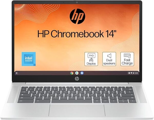 HP Chromebook 14" | Intel Processor N100 Processor| 8 GB RAM | 128 GB Flash Storage | Intel UHD Graphics | FHD Display | Up to 12hrs battery | Chrome OS | Dual Speakers | Glacier Silver | 14a-nf0003sa